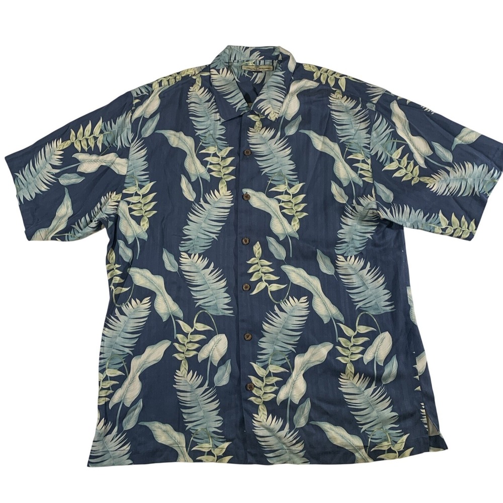 Tommy Bahama Mens Large 100% Silk Blue Tropical Leaf Herringbone Camp Shirt